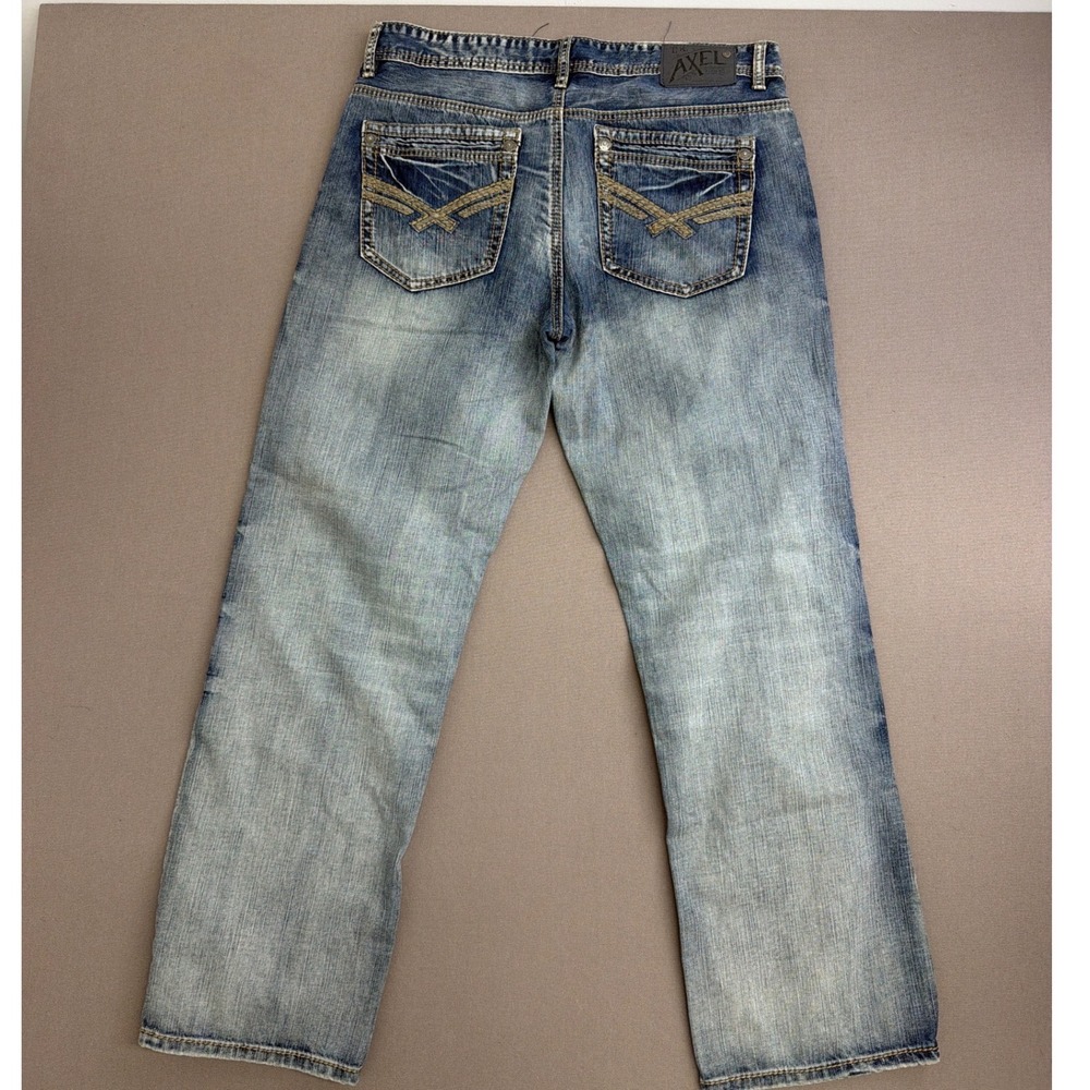 Axel Treadwell Relaxed Straight Leg Jeans Mens 34x32 Blue Embroidered Denim
